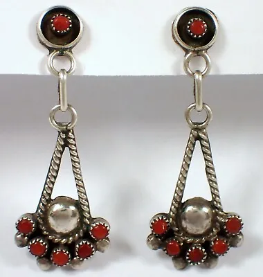 ESTATE Vtg Zuni Sterling Silver Petit Point Red Coral 1.5  Dangle Post Earrings • $55