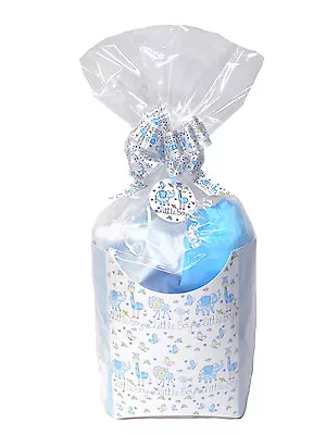 BABY BOY GIFT BOX KIT - Box Tissue Paper Cello Bag Bow & Tag - BLUE & WHITE • £9.99