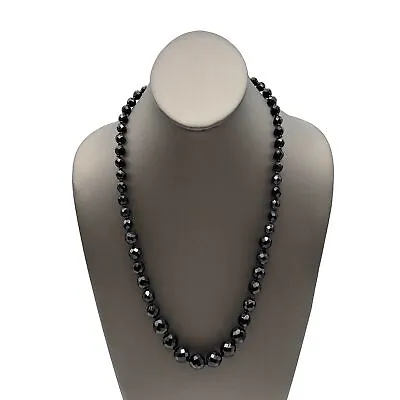 Vintage Brass Graduated Faceted Black Glass Bead Fashion Necklace 23.5 Inch • $22.50