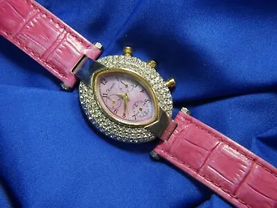 Xanadu Ladies Rhinestone Silver Tone Pink Leather Band Estate Watch A20 • $22.20