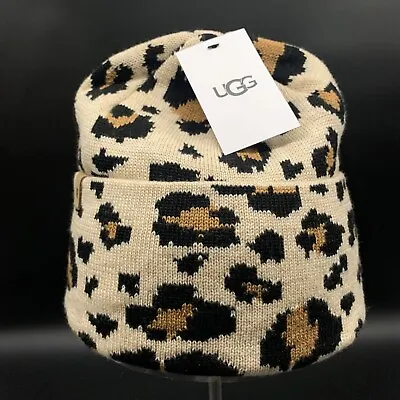 Ugg Beanie Leonarra Knit Cuff Hat Cap Womens O/s Chestnut Cheetah Wool Blend • $52.20