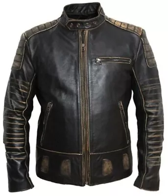 Men's Black Distress Vintage Bomber Quilted Biker Leather Jacket For Men • $95.98