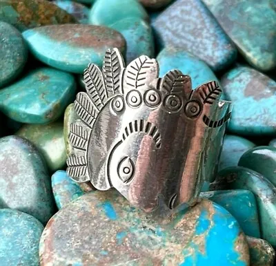 £49.10 • Buy Hand Stamped Indian Head Wide Band Sterling Silver Adj. Size Ring 8g RIK219