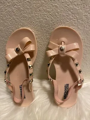 MICHAEL KORS Girl Pink Flat Jelly Sandals MK Gold Logo Size 10 • $21.99