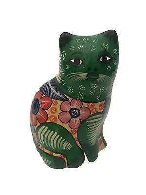 Mexican Folk Art Hand Painted Colorful Green Clay Pottery Cat Figurine • $22.99