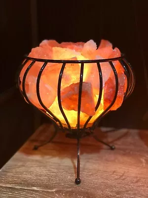 HIMALAYAN CRYSTAL SALT LAMP Metal Cage Basket Vase Bowl Natural Rock • $95