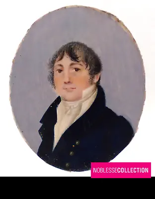 ANTIQUE 1830s FRENCH MINIATURE HAND PAINTED GOUACHE MAN PORTRAIT • $170