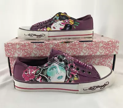 ED HARDY Tattoo Gisha Rose Design Laceless Sneakers  Slip On Women's Sz 6 Purple • $40