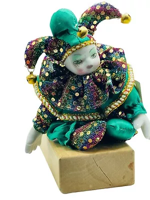 Mardi Gras Jester Doll Porcelain Face Hands Green Satin Rainbow Gold Trim Sequin • $12.99