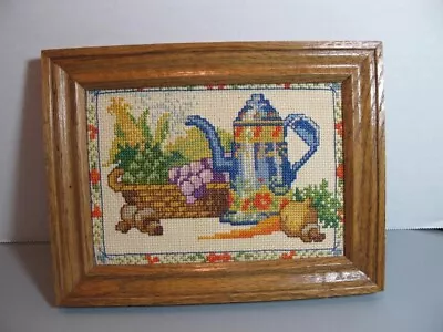 Vintage Small Framed Needlepoint Picture Coffee/Teapot W Veggie & Fruit Basket • $19.99