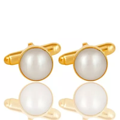 Natural Pearl Gemstone Yellow Gold Plated Men's Cufflinks For Birthday Gift • $57.25