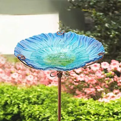 Glass Bird Bath Station Outdoor Garden Bowl Feeder With Iron Forked Stake Lawn • £19.95