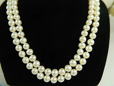 14k 2 Strand 7mm Cultured PEARL NECKLACE 17  Yellow Gold Box Clasp MINT NWOT • $225