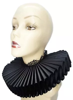 Big Black Satin Lace Ruffled Collar Gothic Queen Steampunk Elizabethan Victorian • $45