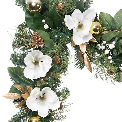 9 Ft. Artificial Christmas Garland With Lights - White Gold Magnolia • $149.99