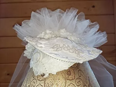 Bridal Hat Attached Veil Tulle Vtg Pearl White Beaded Floral Appliques Headpiece • $120.94