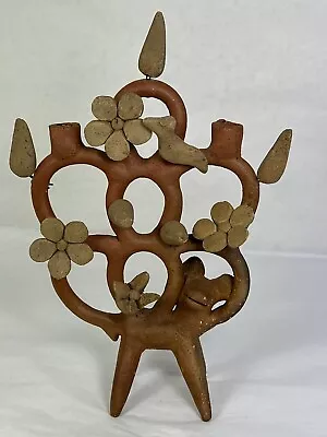 Vintage Mexican Folk Art  Tree Of Life  Terracotta Candelabra 8” X 5.5” • $19.99