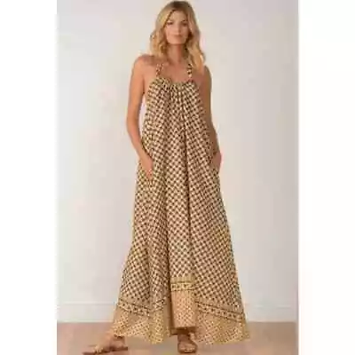 Elan Printed Raisa Open Back Halter Maxi Dress Black Yellow Women's One Size • $79