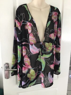 £0.99 • Buy Ladies Beach Kaftan Cover Up Floral Chiffon Size 18, Butterflies, Deep V,tie,KIT