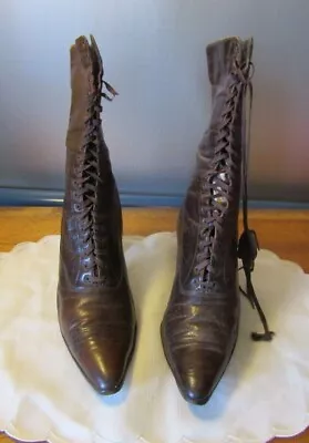 Antique Brown Leather Boots High Top Lace-up Victorian High Heel Shoes • $84