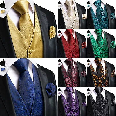 $19.99 • Buy Formal Casual Vest Tie Set Mens Silk Waistcoat Tuxedo Gilet Hankie Cufflinks