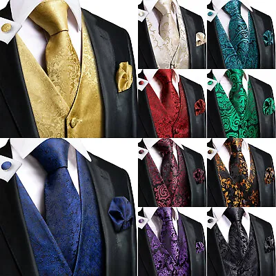 Formal Casual Vest Tie Set Mens Silk Waistcoat Tuxedo Gilet Hankie Cufflinks • $31.20