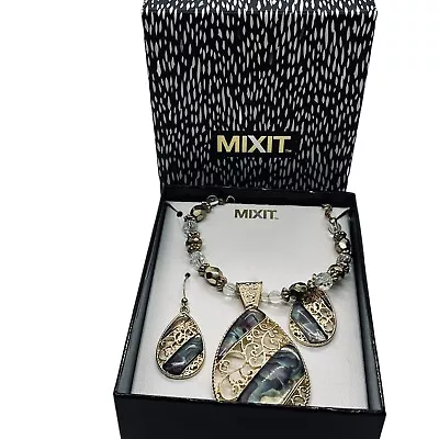 Mixit Necklace & Earring Set Jewelry Set Gold Faux Abalone W Beaded Necklace NEW • $14.97