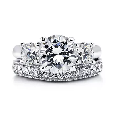 Sterling Silver .925 CZ Round 3 Stone Engagement Ring Wedding Band Set Sz 5-10  • $20.95