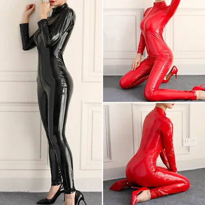 £21.59 • Buy Ladies Faux Leather PVC Catsuit Jumpsuit Wetlook Bodysuit Zipper Crotch Clubwear