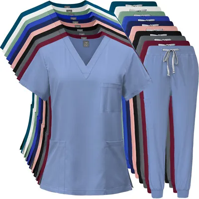 Unisex Stretch Scrub Set Women Medical Nurse Uniform V-Neck Top Jogger Pants • $18.97