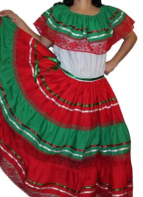 Tricolor Peasant Mexican Lace Dress Off Shoulder Cinco De Mayo Costume One Size • $36.99