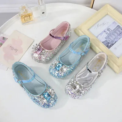 Kids Fancy Dress Elsa Princess Shoes Girls Party Sequins Bow Glitter Sandals UK • £16.48
