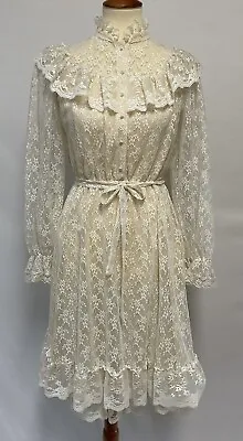 Vintage Off White Lace Shirtwaist Dress Ruffle Yoke Country Prairie Cottage XS/S • £52.24