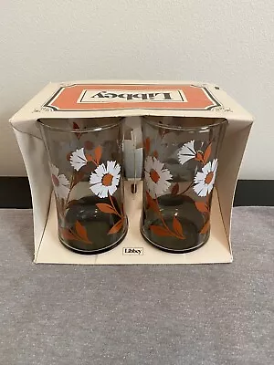 Vintage LIBBEY Set Of 4 Orange Flower Daisy Retro Drinking Barware Glasses 12oz • $31.99