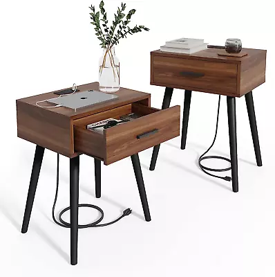 Set Of 2 Mid Century Nightstand With Charging Station End Table Side Table • $141.31