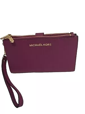 Michael Kors Jet Set Travel Leather Double Zip Wristlet Wallet Pomegranate • $59