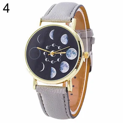 Ladies Fashion Gold Case Quartz Black Face Moon Phase Grey Band Wristwatch. • $17.81