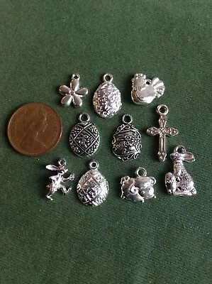 10 Mixed Easter Charms - Bright & Antique Silver - Bunny Eggs Cross Chicken Lamb • £3