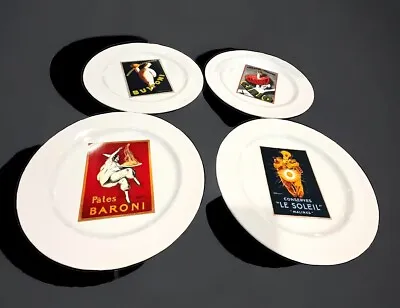 4 POTTERY BARN Vintage Posters 11 1/2  Inch Dinner Plates Dishes Elegant Party • $44