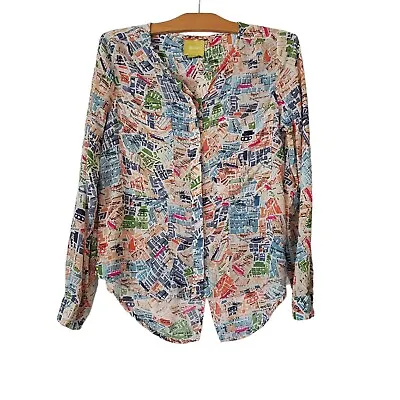 Maeve Anthropologie Womens 4 London Map Top Blouse Button Up Cartography Novelty • £24.12