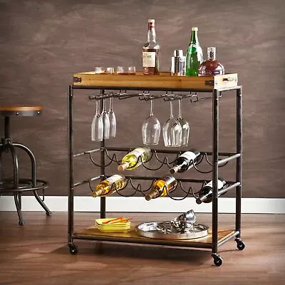 Vintage Rolling Wood Iron Metal Beverage Bar Serving Cart Drink Tray Wine Cart • $183.90