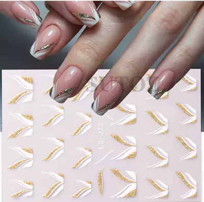 3D Glitter Gold Line Nail Art Stickers Decals French Tip Wavy Fringe Stripe NH22 • $2.49