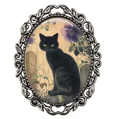 Black Cat Brooch Vintage 1920's Lilac Flower Garden Art Print Cat Lover Gift • $14.95