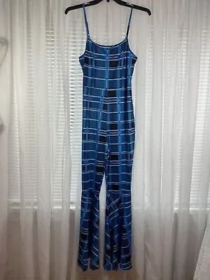 Women’s Bodysuit Size M Blue Plaid Retro Bell Bottom Leg High Waist Catsuit VTG • $19.77