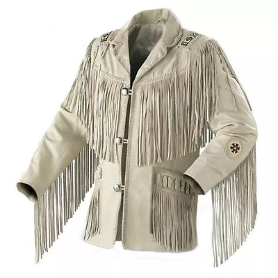 Men Native American Western Cowboy Suede Leather Jacket Fringe & Beaded Style • $77.55