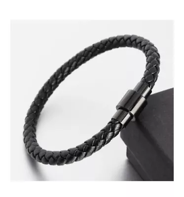 Single Braided Black Leather Bracelet With Metal Magnetic Men • $7.20