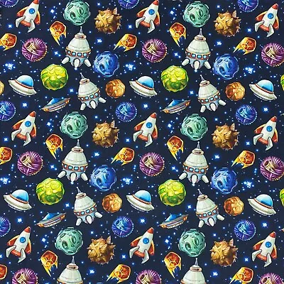 Galaxy  Planets  Rockets UFO Ocean Blue  Sewing Quilting Cotton Fabric 1/2 Yard • $8.81