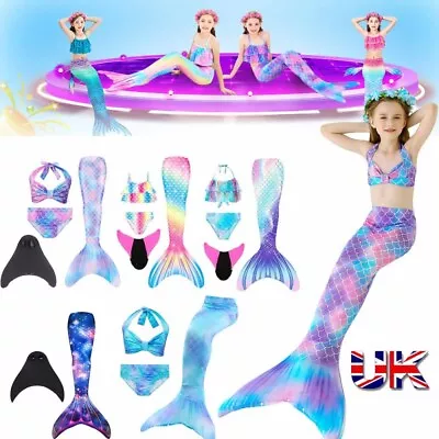 Kids Girls Mermaid Tail Swimming Costume Swimmable Bikini Set Monofin Swimsuit • £10.82