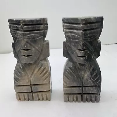 Carved Onyx Stone Aztec Mayan Figure Sculpture Statue Totem Bookends 7 3/4” Tall • $79.95