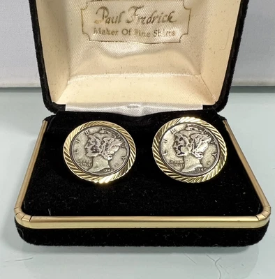 $28.75 • Buy 1940 1942 Mercury Dime US Silver Coin Cuff Links Gold Tone Paul Fredrick Setting